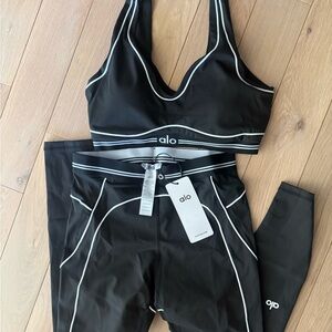 ALO Yoga Black Leggings & Sports Bra Set with White Piping